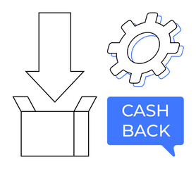 Arrow points into open box with gear icon and blue speech bubble text Cash Back. Ideal for shopping, returns, rewards, efficiency, systems, customer satisfaction, finance themes. Abstract line flat