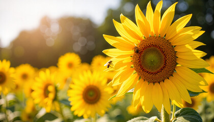 Naklejka premium Sunflower with bees collecting nectar in a vibrant field
