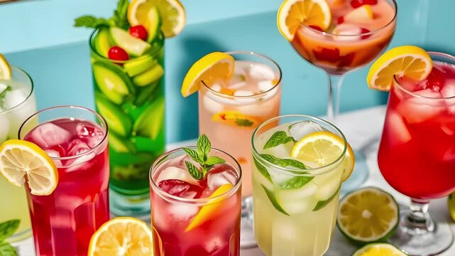 A colorful assortment of refreshing iced drinks with lemon slices and straws, set against a vibrant background. The drinks vary in color, including red, orange, and clear, with garnishes like mint.