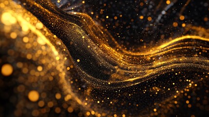 A luminous wave of golden particles flows across a dark expanse creating a mesmerizing digital pattern