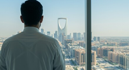close-up of back view of Arab man in traditional white thobe stands in office looking at KSA Riyadh skyscrapers