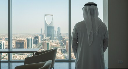 Naklejka na ściany i meble close-up of back view of Arab man in traditional white thobe stands in office looking at KSA Riyadh skyscrapers