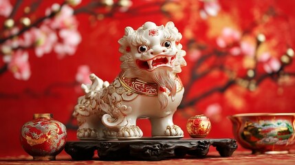 Ceramic Lion with Ornamental Vases in a Traditional Festival Setting : Generative AI