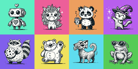 Fototapeta premium Set of Cute Cartoon Illustrations Featuring Robot, Unicorn, Panda, Cat, Raccoon, Bear, Dog, and Frog on Bright Colorful Backgrounds