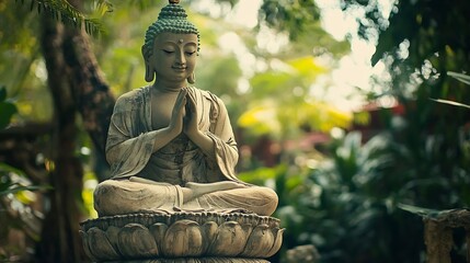 Peaceful Buddha Statue in Lush Garden Setting with Tranquil Atmosphere and Greenery : Generative AI