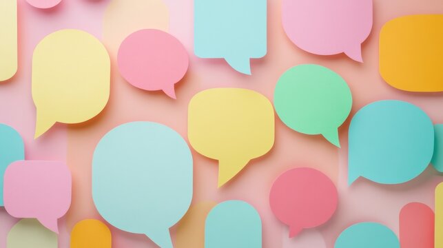 colorful empty paper cut speech bubbles on pastel background. Communication, information, gossip, creative ideas and thoughts template