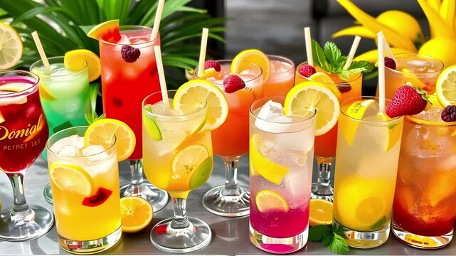 A colorful assortment of refreshing iced drinks with lemon slices and straws, set against a vibrant background. The drinks vary in color, including red, orange, and clear, with garnishes like mint.