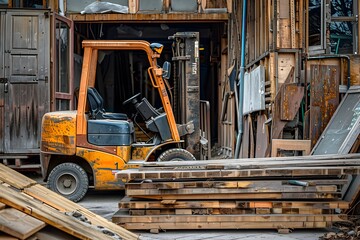 Fototapeta premium Forklift with construction materials stacked nearby