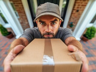 Delivery person hands over package with direct gaze and focused expression on doorstep