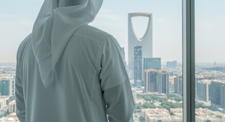 close-up of back view of Arab man in traditional white thobe stands in office looking at KSA Riyadh skyscrapers