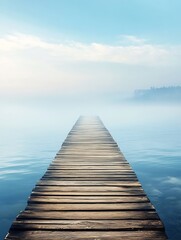 Fototapeta premium Serene Wooden Pier Extending into Misty Blue Lake Under Sky : Generative AI