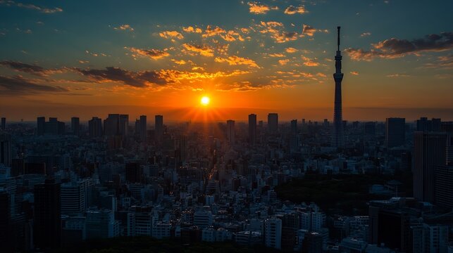 Vibrant Tokyo Skyline at Dusk Featuring Skytree with Stunning Sunburst Sunset : Generative AI