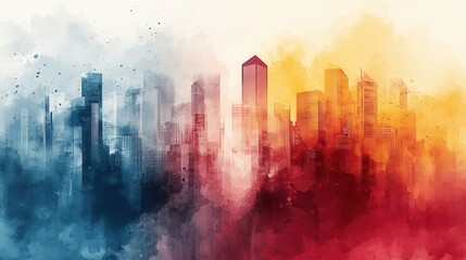 A vibrant city skyline rendered in watercolor, blending blue and red hues, creating a dreamy, artistic atmosphere.