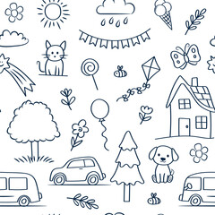 Cute doodle seamless pattern naive children's drawings. House, tree, cat, dog on the background. Vector background.