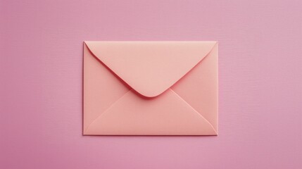Pink paper closed envelope mockup on pink background top view. Mail and greeting concept for birthday, corporate invitation, valentine love message.