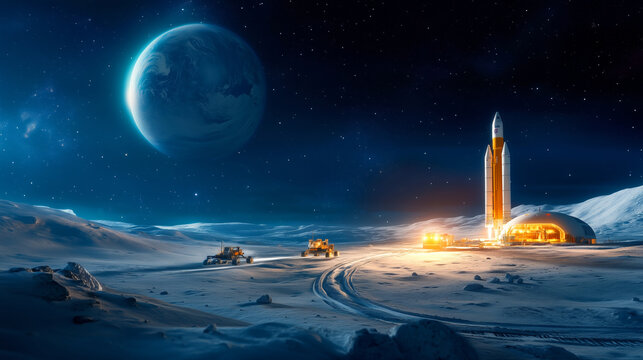 A rocket is preparing for launch from a lunar base under a starr