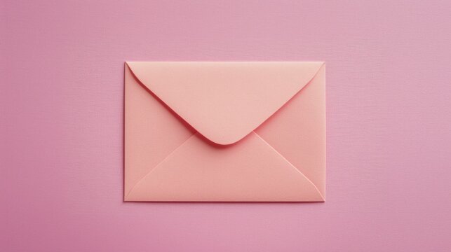 Pink paper closed envelope mockup on pink background top view. Mail and greeting concept for birthday, corporate invitation, valentine love message.