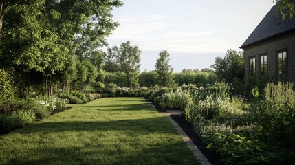 Obraz premium Serene garden path, country house, lush greenery, evening light, landscape design