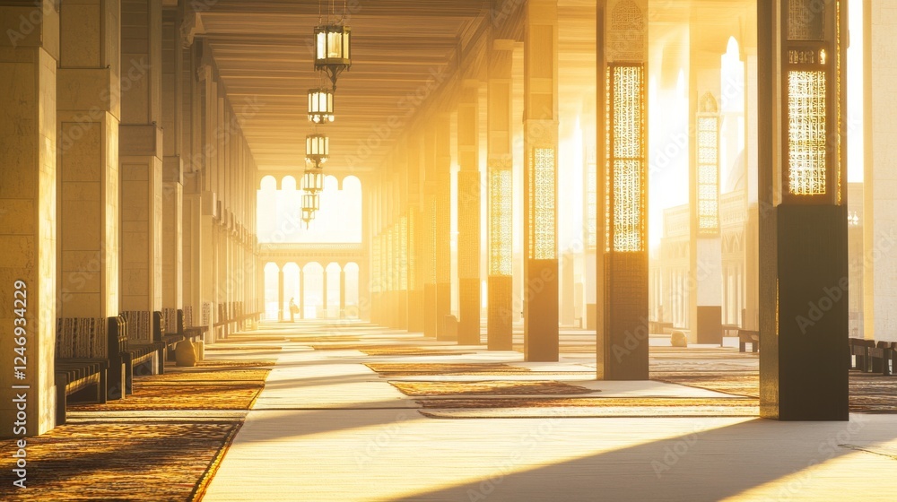 Poster sunlight streaming through architectural columns.