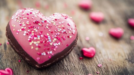 Obraz premium Heart Shaped Chocolate with Pink and Red Sprinkles on Rustic Wooden Surface : Generative AI