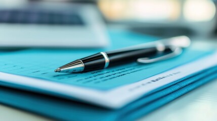 Close-up of a Pen on a Blue Notepad, Business Concept