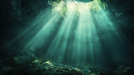 Obraz premium Sunbeams Penetrating Dark Cave Interior Illuminating Rocky Floor With Green Vegetation