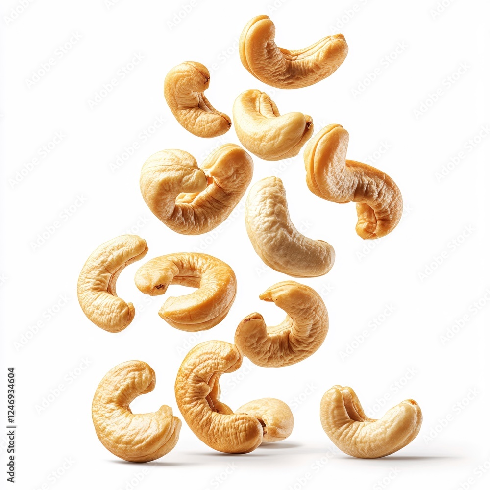 Poster cashew nuts falling in a dynamic arrangement against a clean white backdrop creating a sense of moti