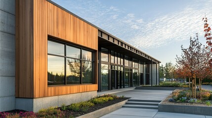 Fototapeta premium Modern Commercial Building With Wood And Concrete Exterior
