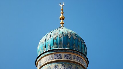 Intricately Designed Blue Dome of a Historic Mosque Set Against Clear Blue Sky : Generative AI