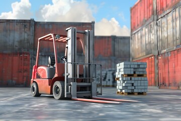 Forklift with construction materials stacked nearby