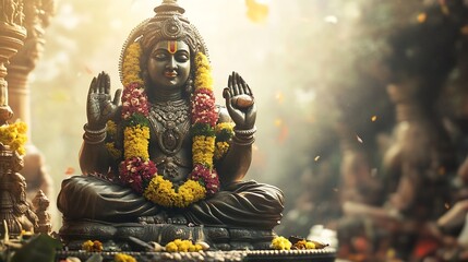 Intricate Bronze Hindu God Statue Draped in Flower Garlands Radiating Spiritual Elegance : Generative AI