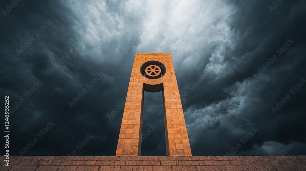 Aufkleber a towering structure stands against a dramatic sky, with dark clouds enhancing its imposing presence