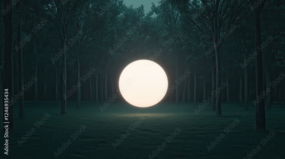 Poster a luminous orb glows in a dark forest, surrounded by tall trees, creating a mystical and enchanting 