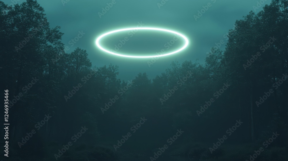 Poster an ethereal glow forms a halo in a misty forest, creating a mystical and otherworldly atmosphere.
