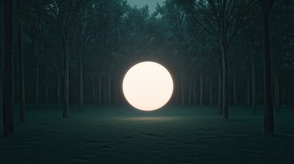 A luminous orb glows in a dark forest, surrounded by tall trees, creating a mystical and enchanting atmosphere.