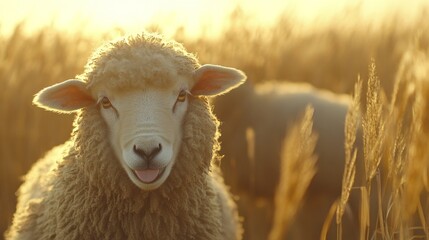 Obraz premium Golden Hour Lamb: A Serene Portrait in the Meadow