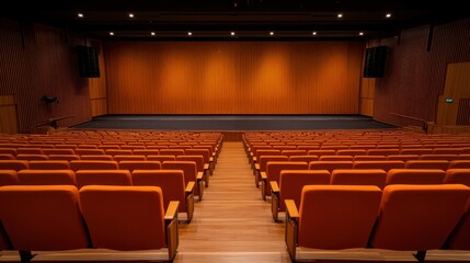 A spacious auditorium with orange seating and wooden accents, featuring a stage and dim overhead lighting, ready for performances or presentations.