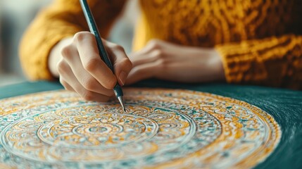 A hand draws intricate patterns on a colorful mandala, showcasing creativity and artistry, with a knitted sweater adding warmth to the scene.