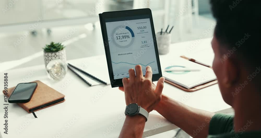 Aufkleber tablet screen, hands and business man with data, future stats or social media analytics in creative 