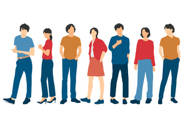 Obraz premium Set of young men and women , different colors, cartoon character, group of silhouettes of standing business people, students, design concept of flat icon, isolated on white background