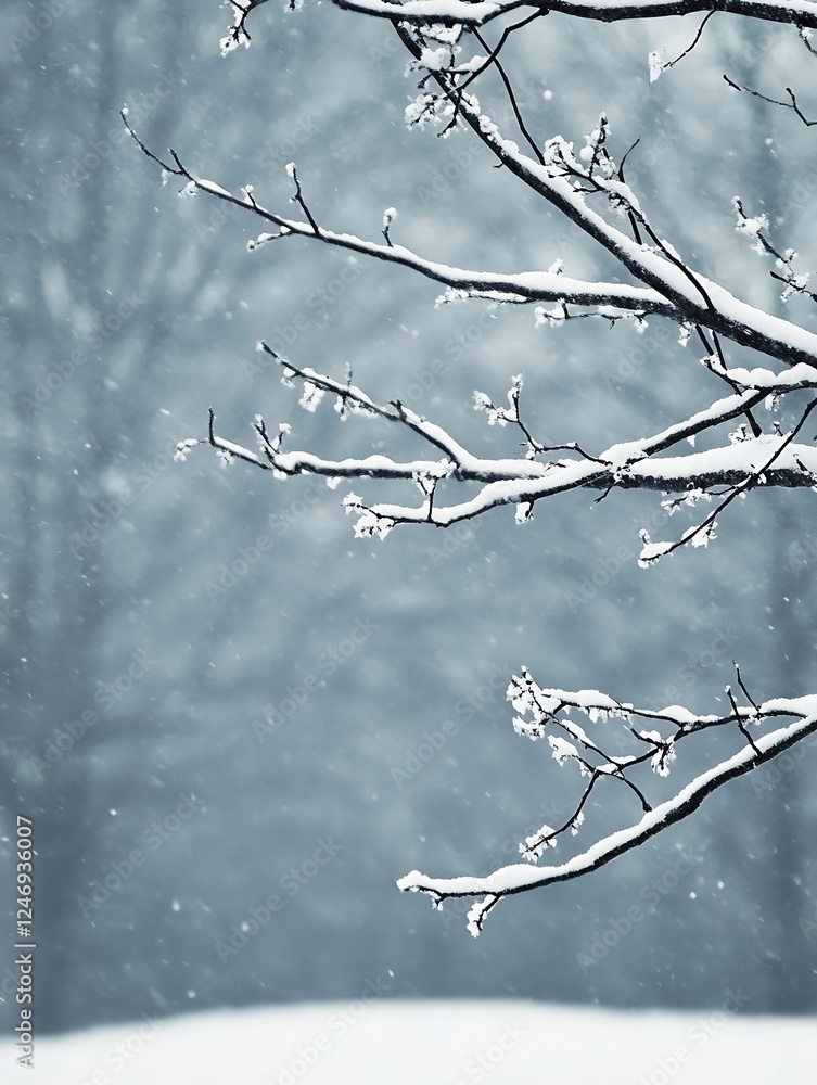 Poster snow covered branches in wintery landscape with falling snowflakes in serene atmosphere : generative
