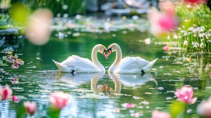 Two Swans in Love: A Serene Garden Pond