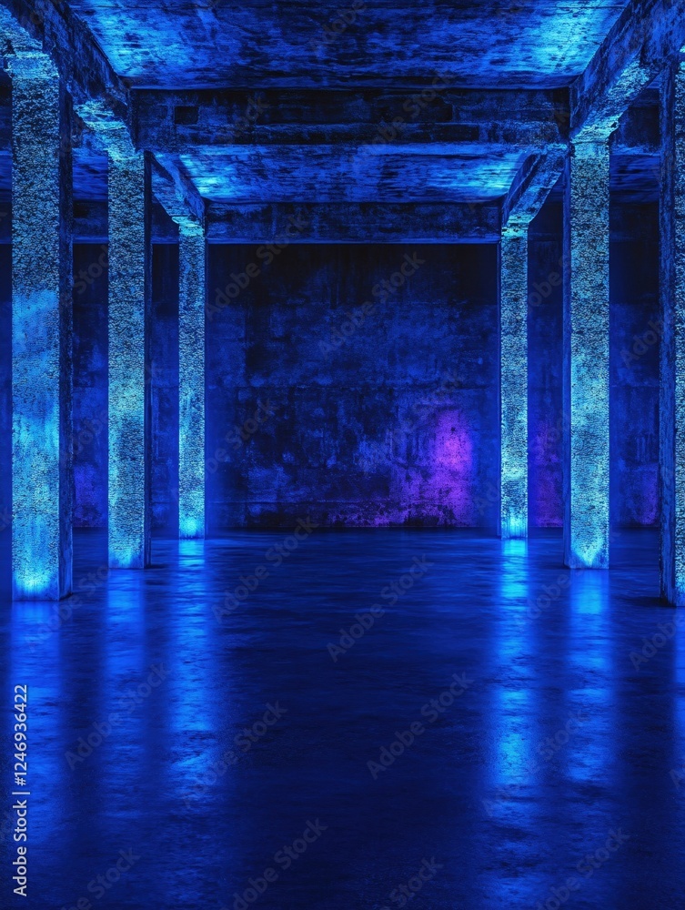 Aufkleber abstract blue underground space with concrete columns and moody lighting creating a surreal scene