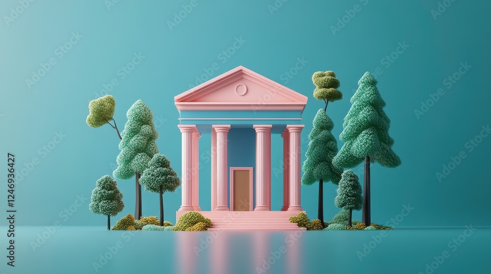 Poster a colorful, stylized building with columns surrounded by lush, stylized trees on a simple background