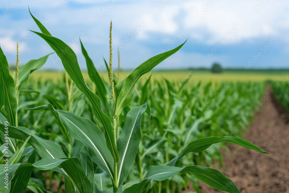 Sticker A field of corn with a stalk of corn in the foreground. The corn is green and tall