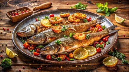 Panoramic View of Golden Fried Sea Bass and Shrimp Platter
