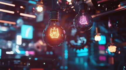 Digital workspace scene with hanging lightbulbs and geometric neon light patterns