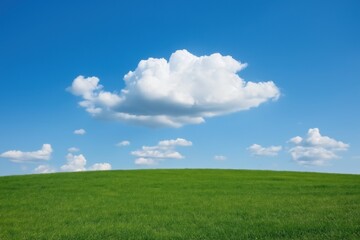 Fototapeta premium A large, fluffy cloud is floating in the sky above a lush green field. The sky is clear and blue, and the sun is shining brightly. The scene is peaceful and serene
