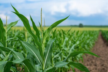 Obraz premium A field of corn with a stalk of corn in the foreground. The corn is green and tall