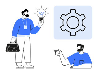 Businessman holding lightbulb and briefcase meets colleague pointing to a direction with gear mechanism in background. Ideal for teamwork, innovation, brainstorming, solutions, guidance, leadership